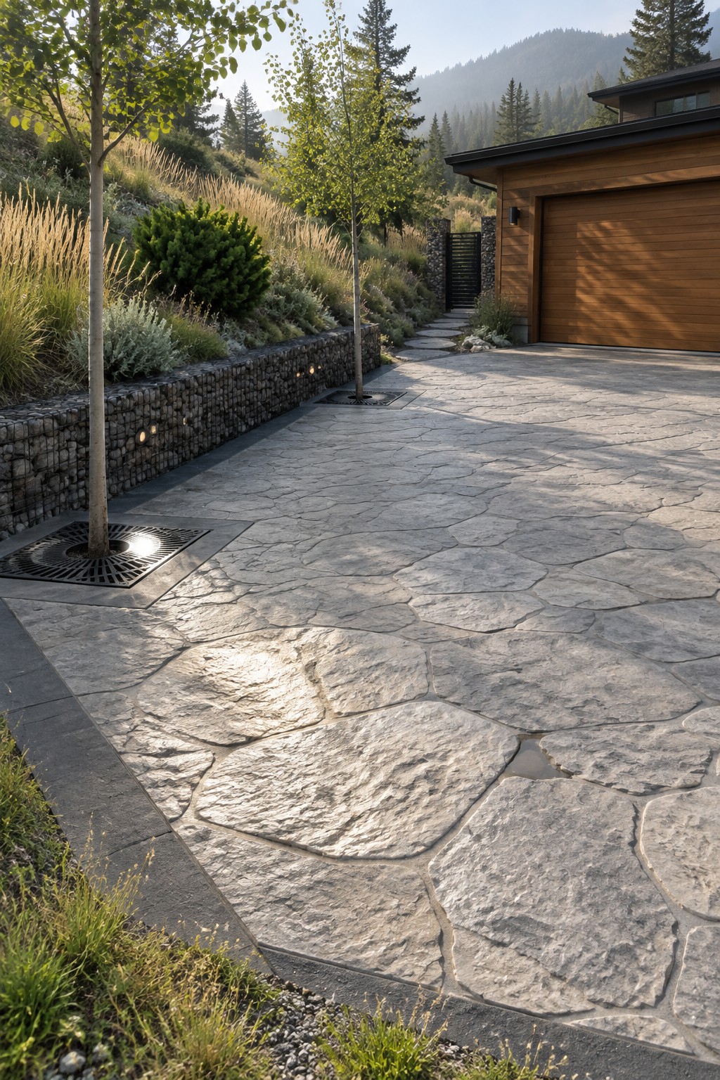 A wide driveway of stamped concrete patterned to resemble irregular gray stone slabs leads to a modern wooden garage door, bordered by a low stone retaining wall and trees.