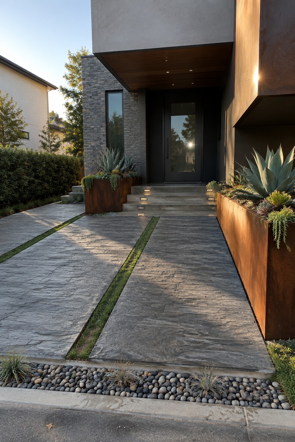 A modern house front entrance with a wide stamped concrete driveway in a gray stone pattern, a central grass strip, concrete steps with lights, and large rusted metal planters holding succulents.