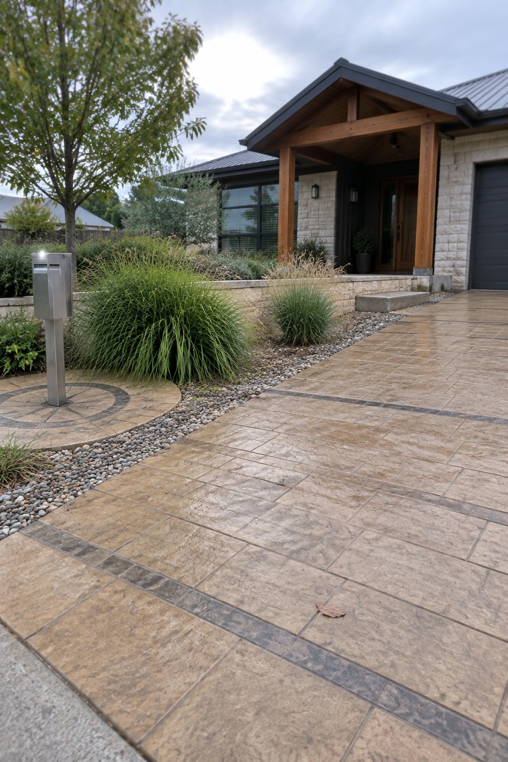 Modern home with stone walls, wooden beams, wet patterned driveway, and landscaped grasses.