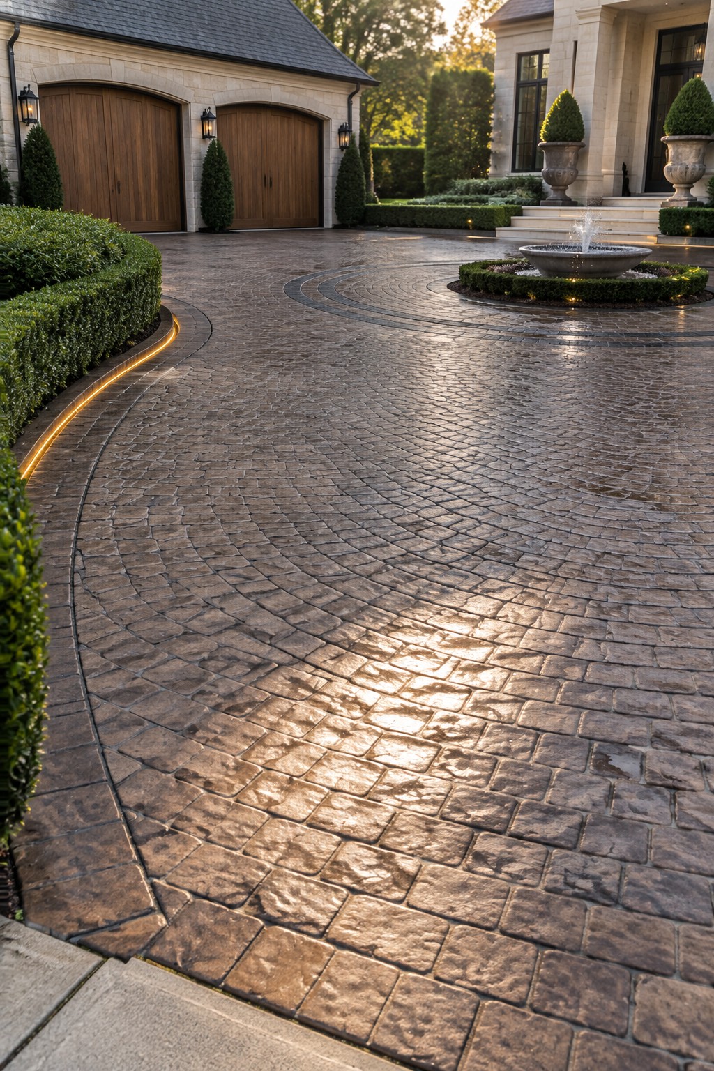 A wide curved driveway of stamped concrete in a cobblestone pattern leads to a stone house with wooden garage doors, flanked by trimmed hedges and a central stone fountain.