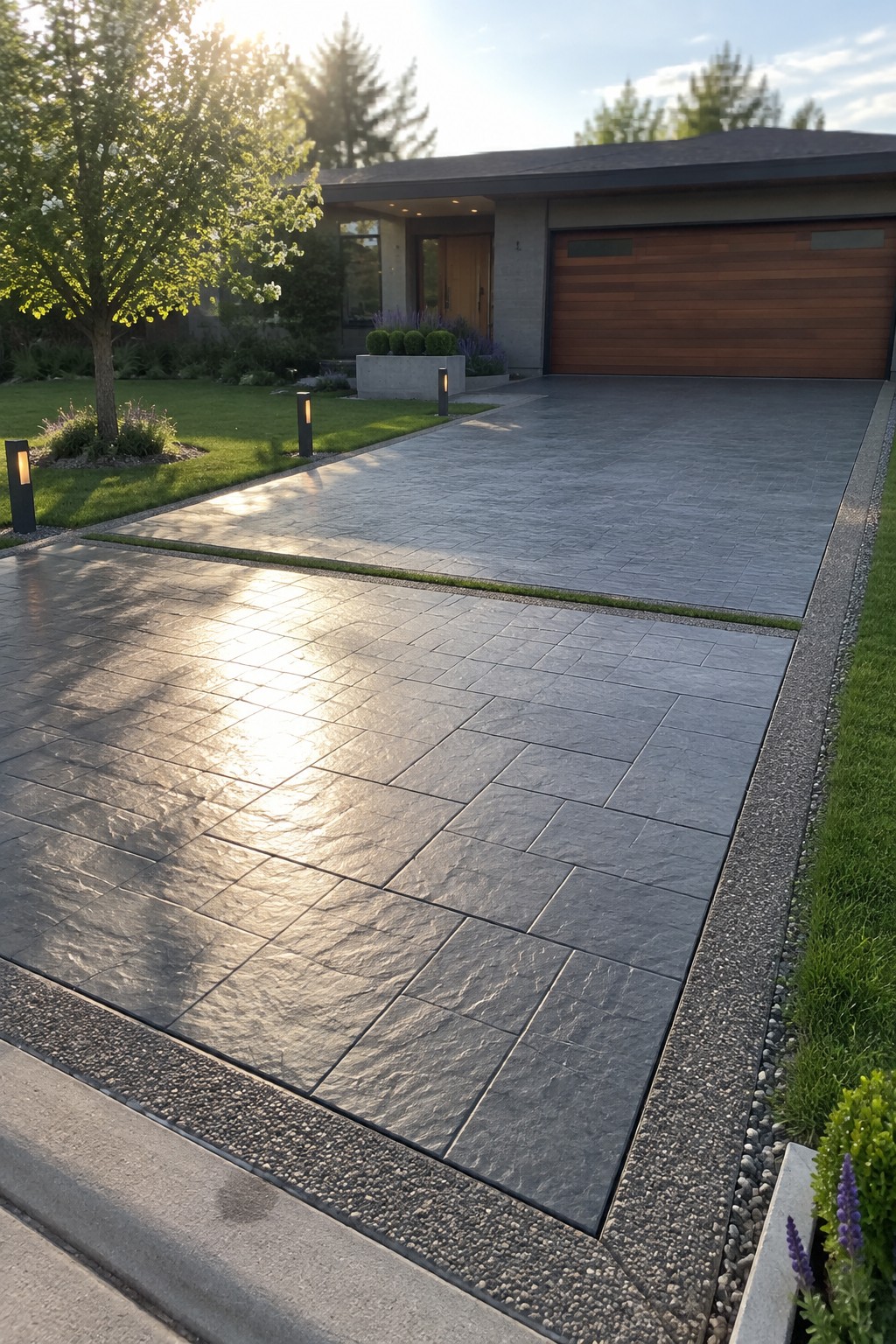 A wide gray stamped concrete driveway with large irregular stone slab patterns leads to a modern house with a horizontal wood garage door.