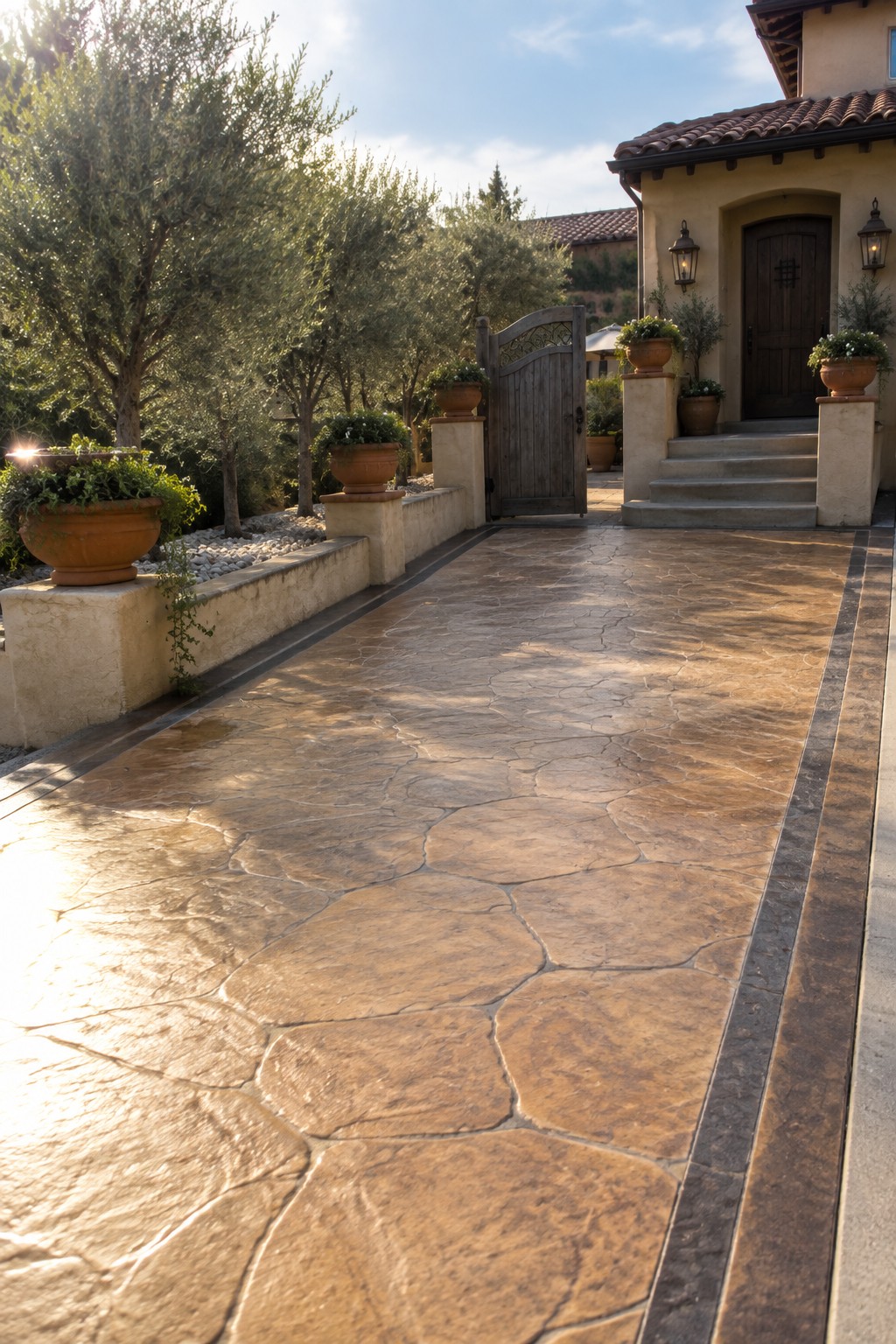 A wide driveway of stamped concrete patterned like irregular stone pavers leads past low stucco walls and terracotta pots toward a wooden gate and house entrance.