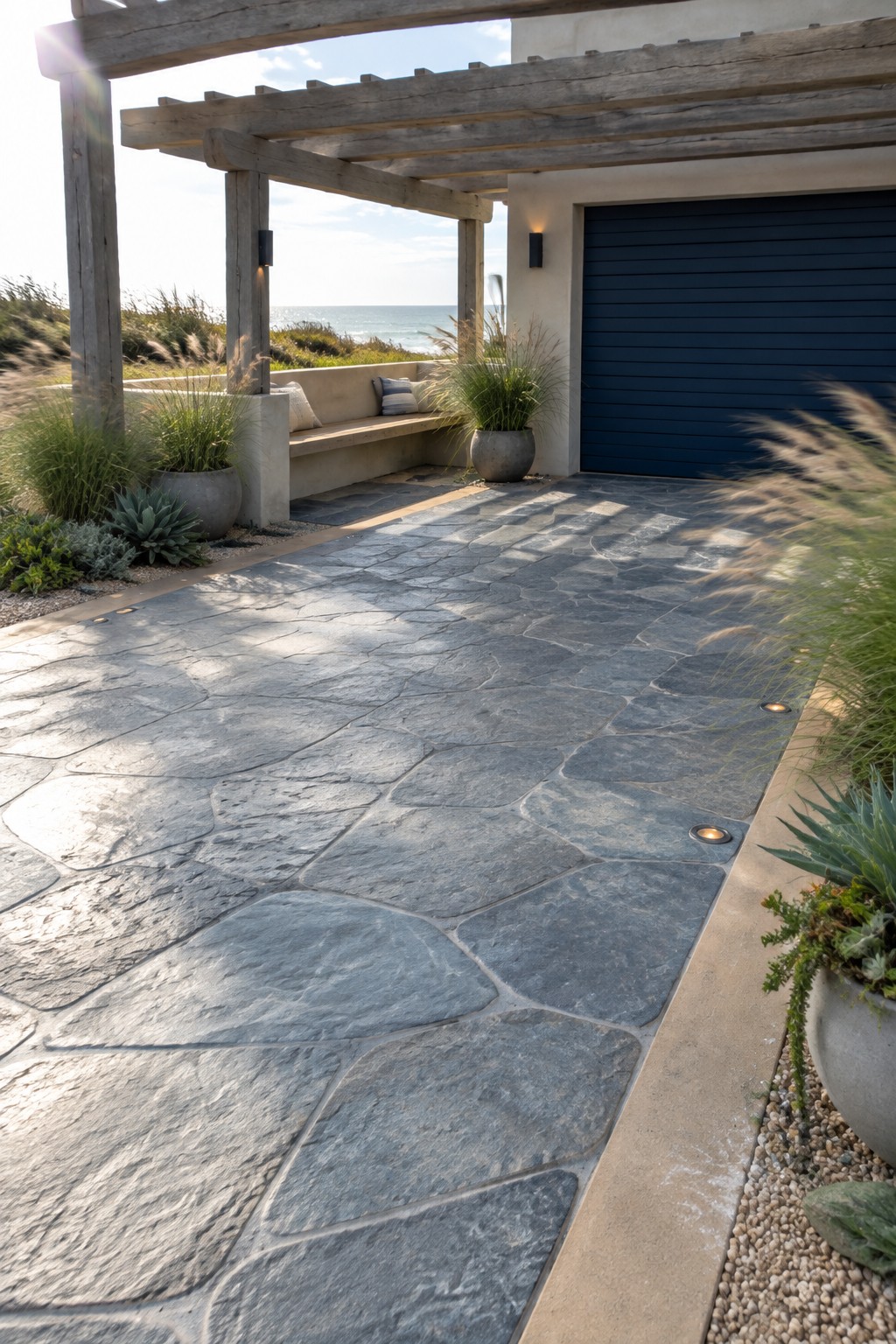 A modern driveway of gray stamped concrete in an irregular flagstone pattern leads to a dark blue garage door, bordered by a wooden pergola, built-in bench, and large potted plants.