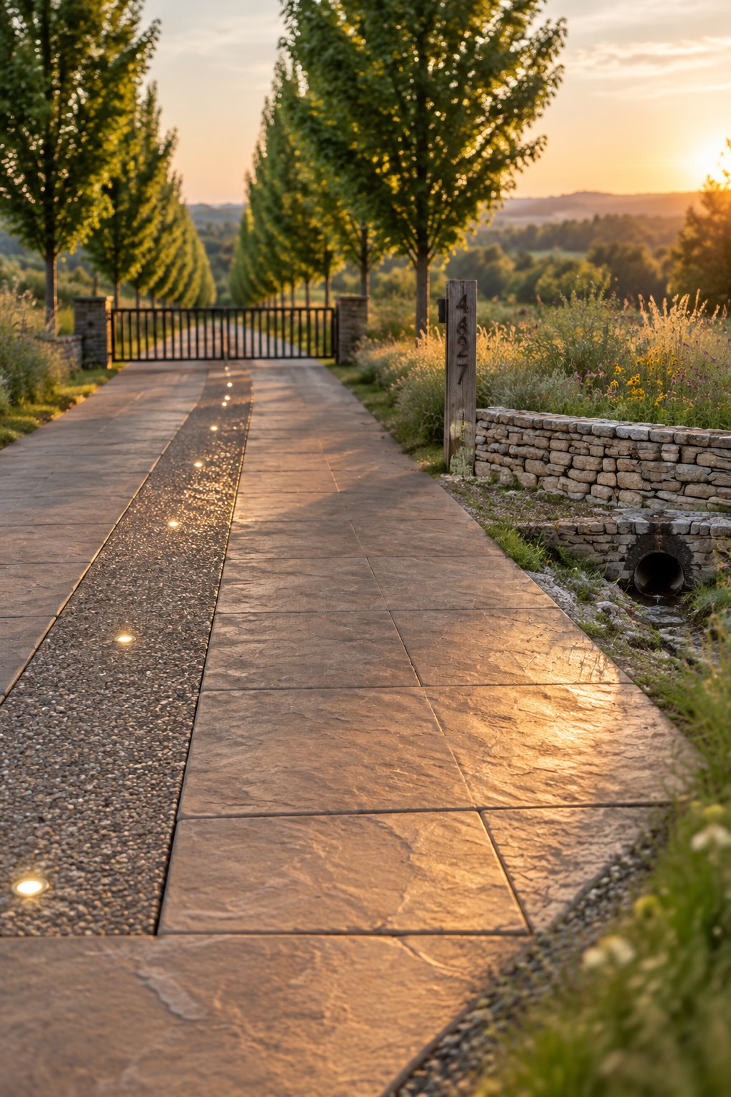 Stone path with glowing lights leading past a gate into sunset countryside.