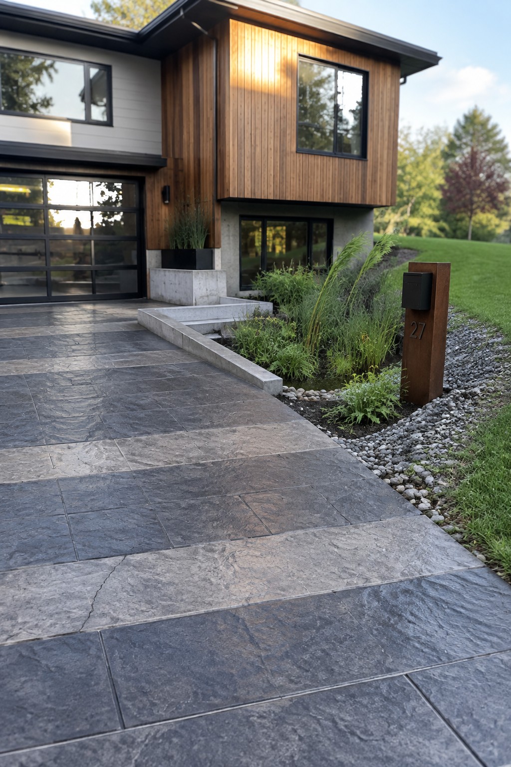 A modern two-story house with wood siding and black-framed windows features a dark gray stamped concrete driveway with irregular stone patterns, alongside a rusted metal mailbox post marked 27 and mixed plantings.