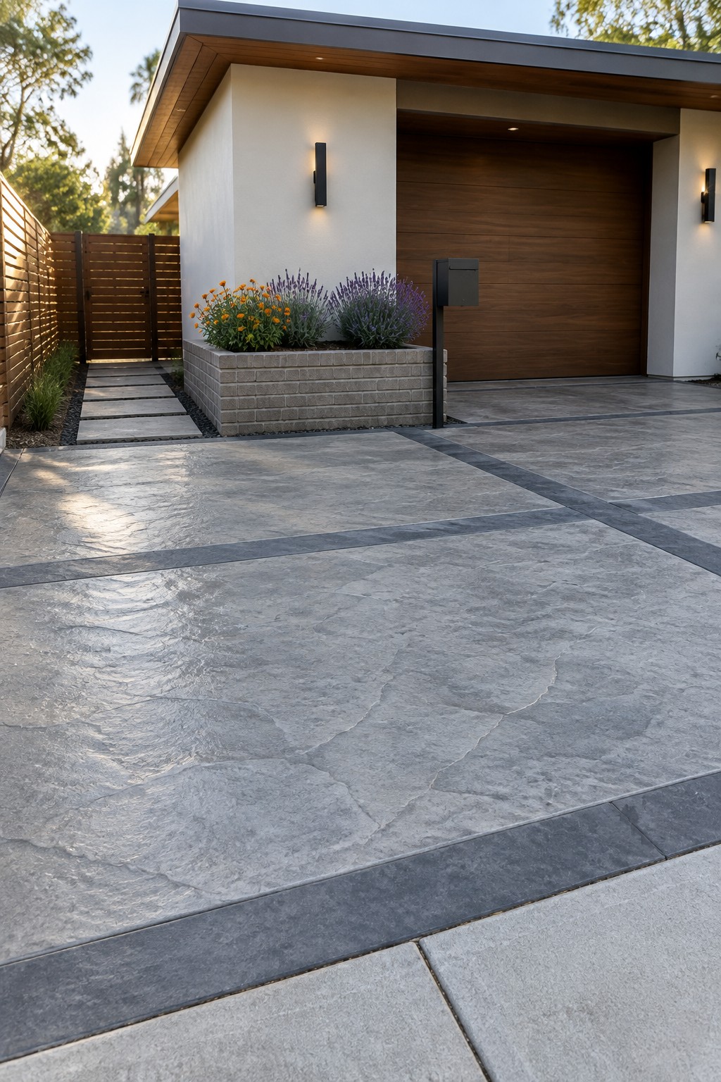 A modern house exterior showing a wide stamped concrete driveway with irregular gray stone patterns and dark linear borders, a wooden garage door, and a low brick planter with orange and purple flowers.