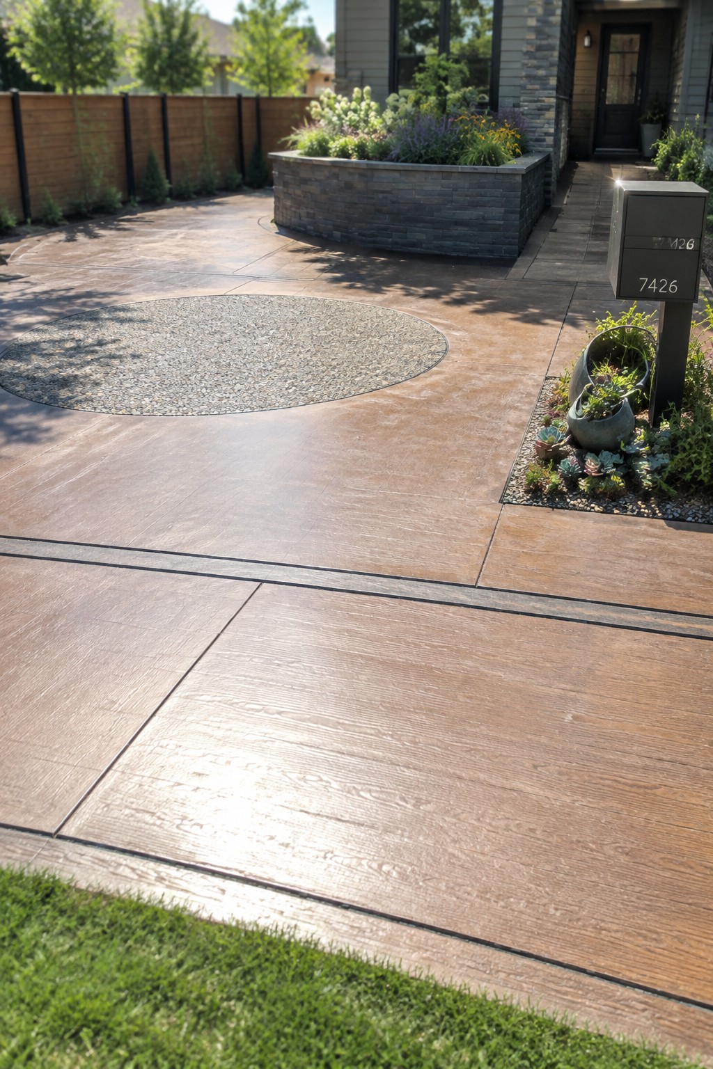 A wide driveway finished in stamped concrete with wood plank textures, featuring a large circular gravel inset and a raised stone planter beside a mailbox.