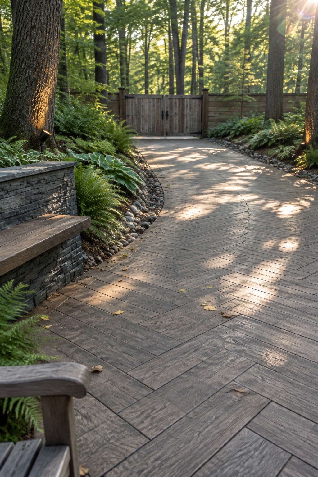 A curved pathway of stamped concrete in a wood plank pattern winds through ferns and hostas toward a wooden gate, with stone edging and a wooden bench on the left.