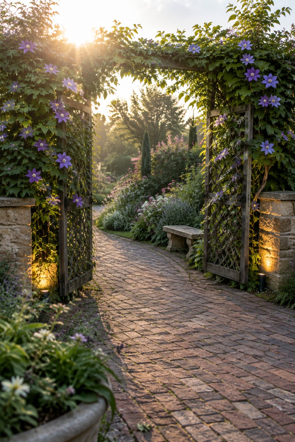 Wooden lattice swing gates covered in purple flowering vines stand open along a brick pathway in a garden.