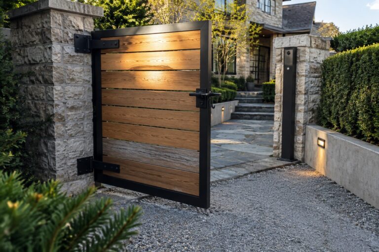 18 Striking Swing Driveway Gate Ideas With Strong Architectural Presence A wooden swing driveway gate with horizontal slats and black metal frame stands open between stone pillars on a gravel driveway.