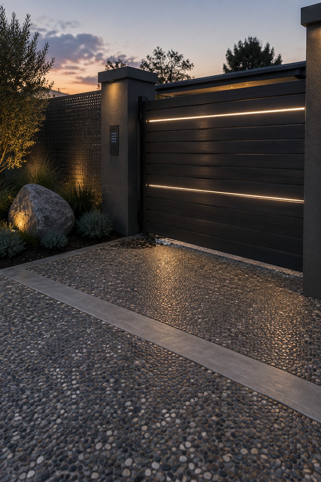 Modern dark wooden gate with LED lights on pebble driveway at dusk