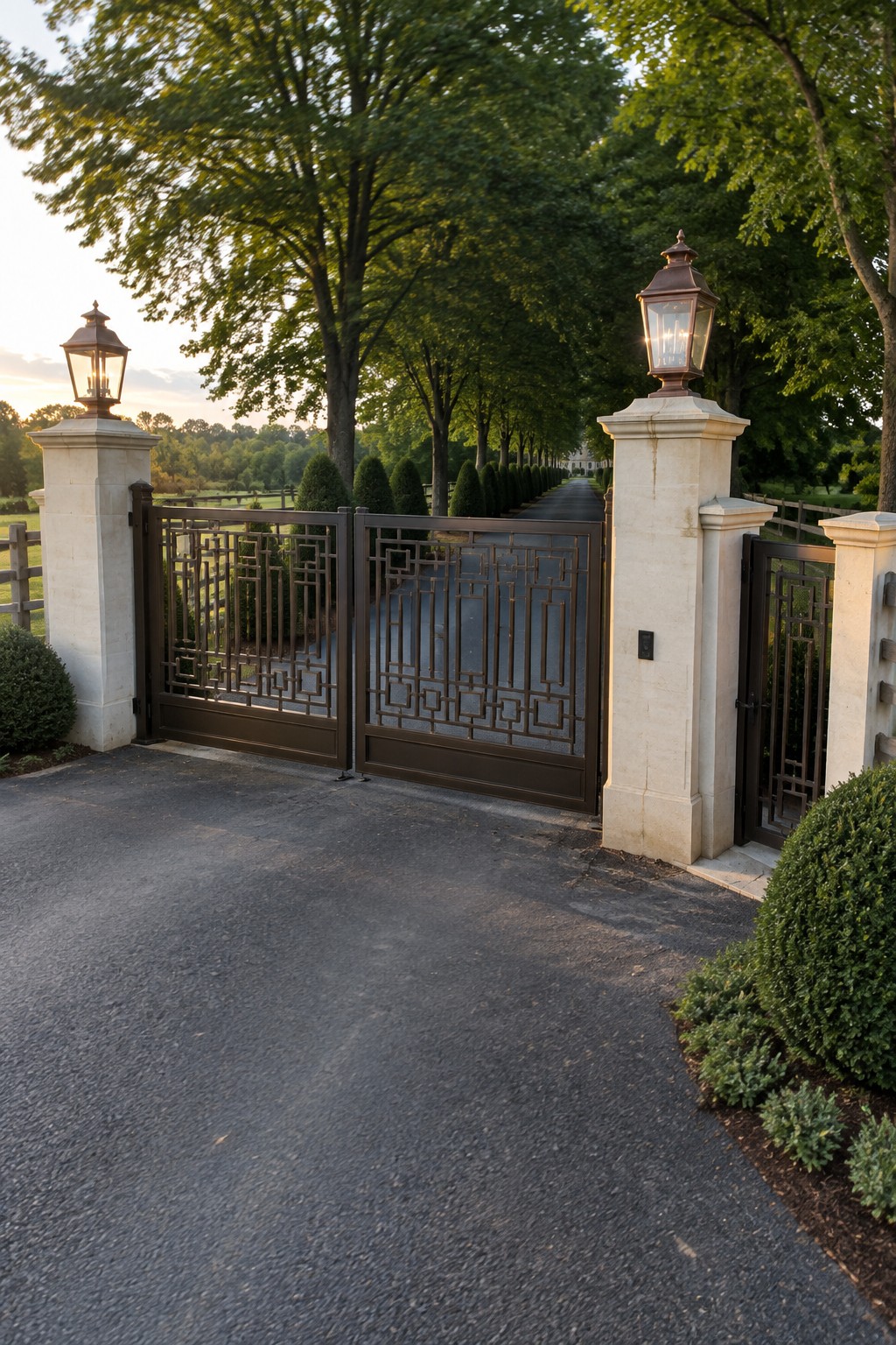A pair of open dark metal swing driveway gates featuring geometric patterns stand between light stone pillars topped with lanterns on an asphalt drive.