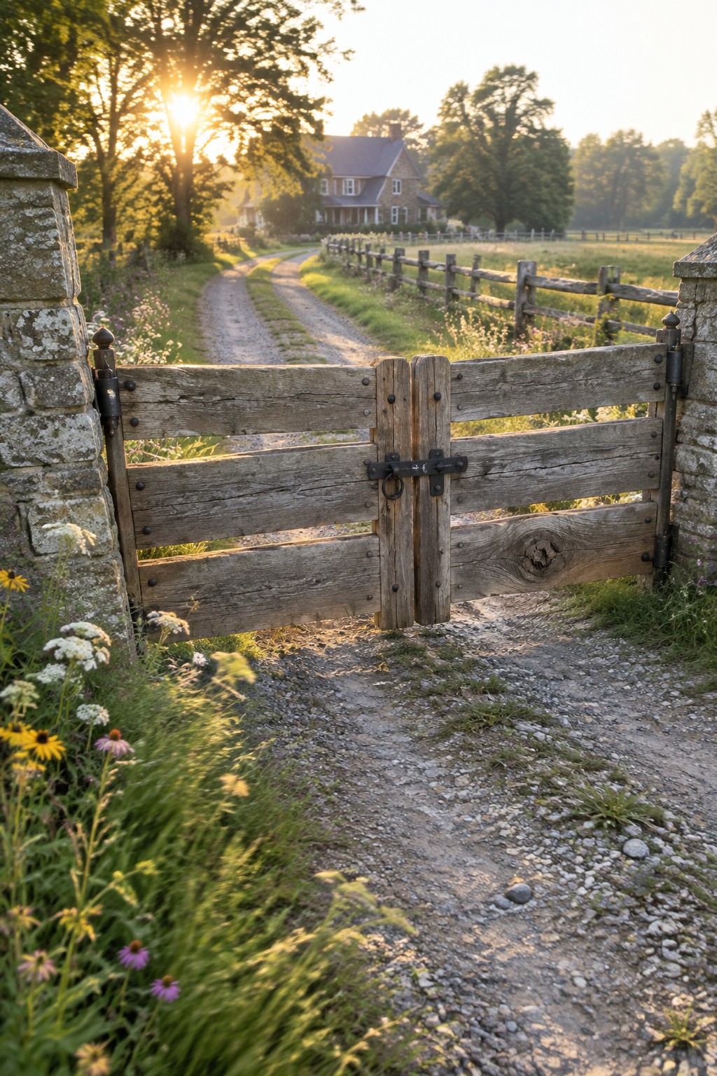 A wooden double swing gate stands open between two stone pillars at the start of a gravel driveway leading to a stone house.