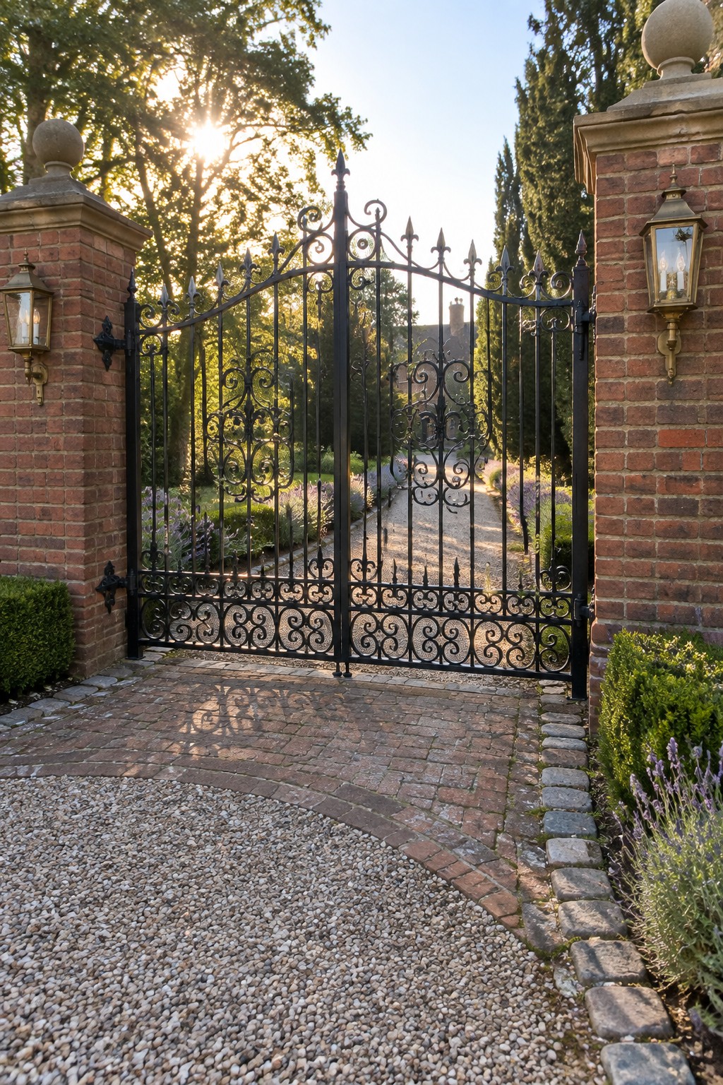 A black wrought iron swing gate stands open between two brick pillars with lanterns, leading to a gravel driveway and house in the background.