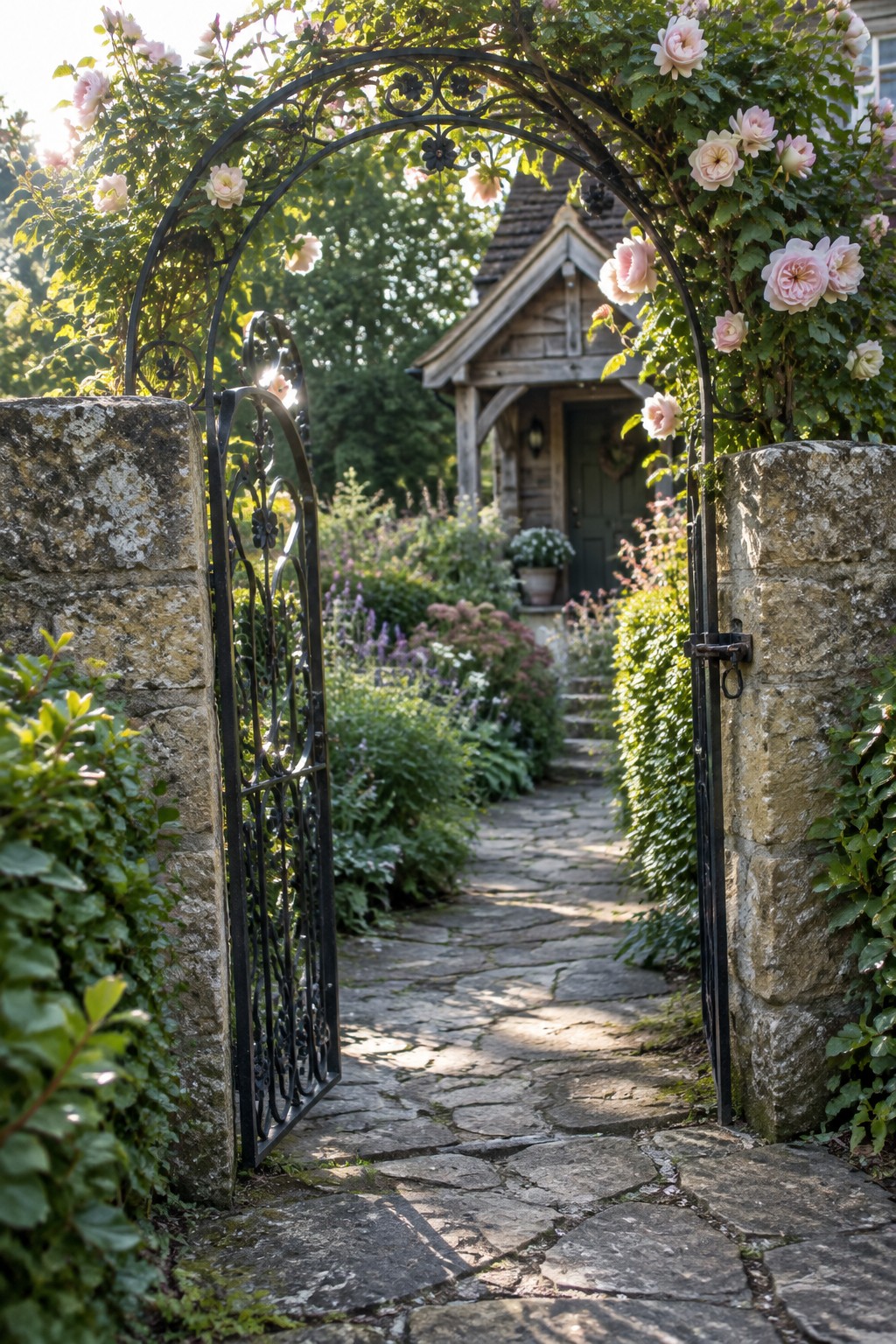 Ornate black iron gate with pink roses opens to sunlit cobblestone path toward wooden cottage.